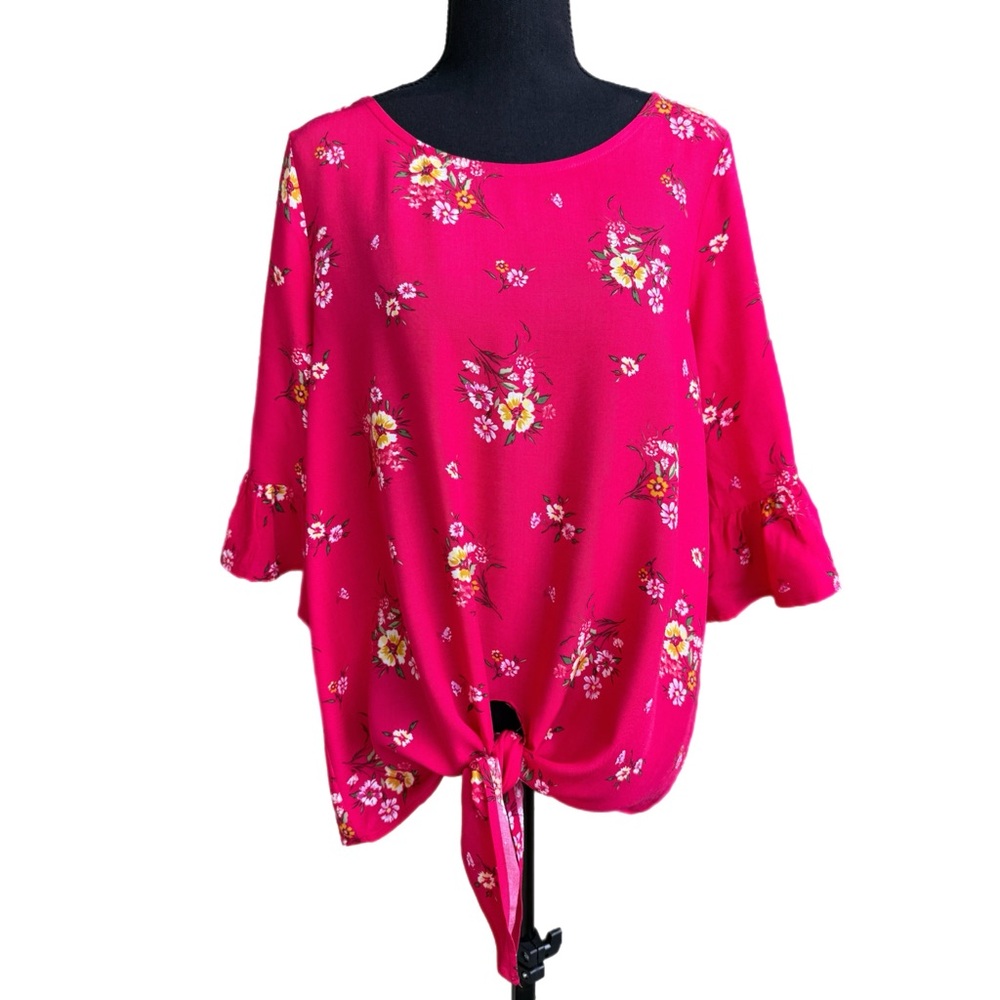 NWT Fuchsia Floral Front-Tie Top‎ M - Picture 2 of 14